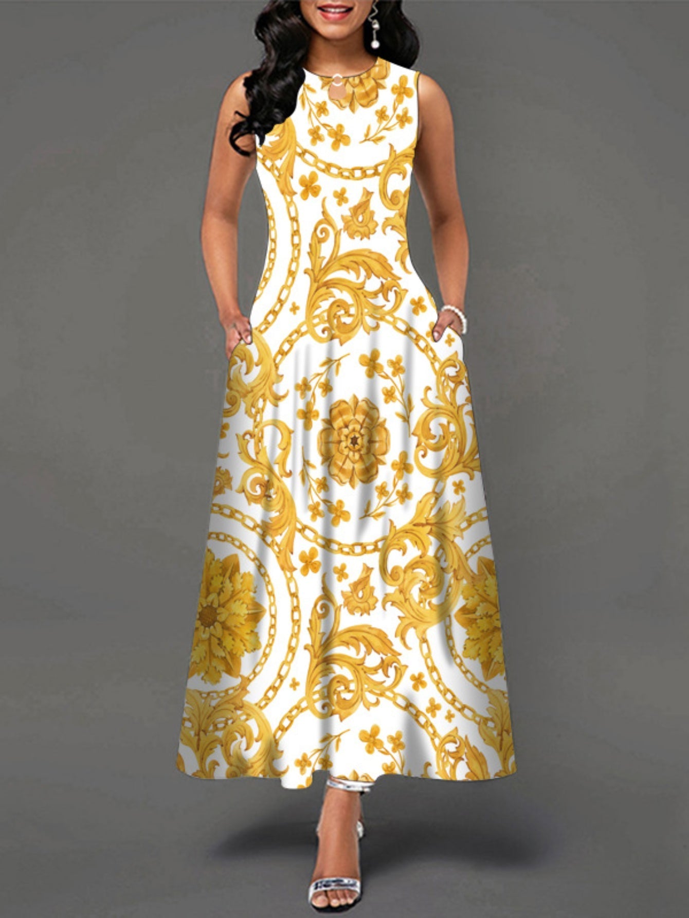 Casual Tank Dress, Colorblock Floral Print Cut Out Round Neck Medium Stretch Maxi Tank Dress