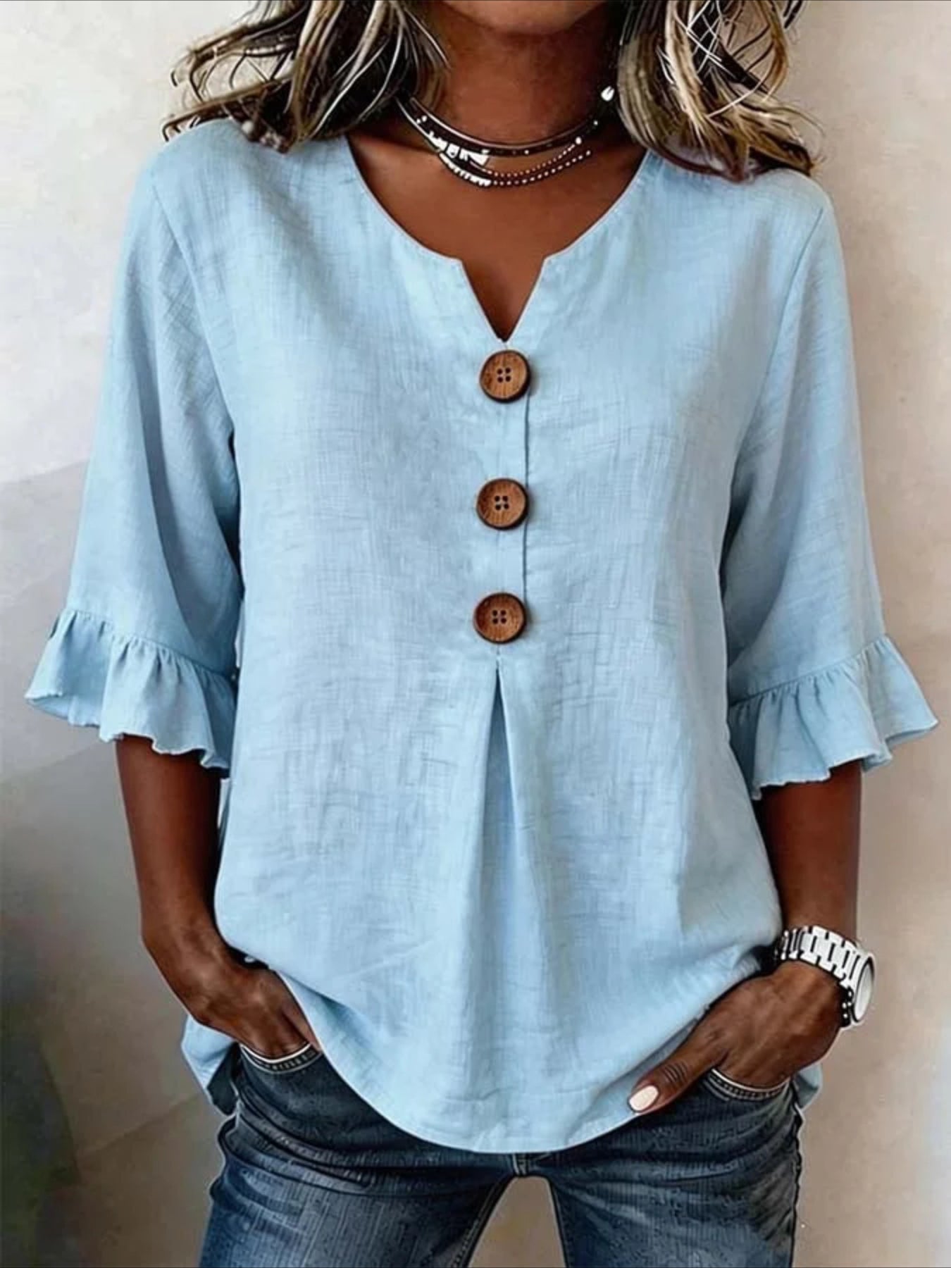 Solid Color Floral V Neck Button Short Ruffle Sleeve Casual Top