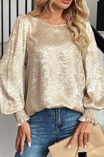 Apricot Metallic Round Neck Smocked Long Sleeve Blouse