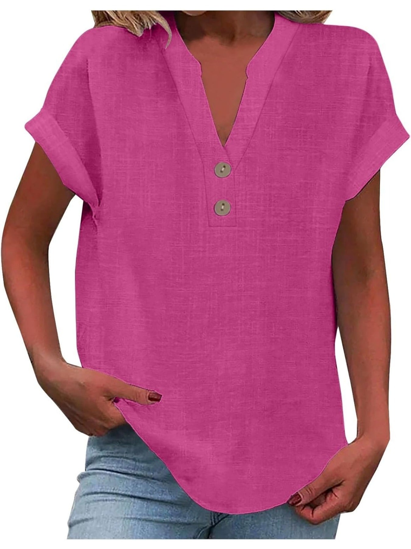Solid Color V Neck Short Sleeve Button Down T Shirts
