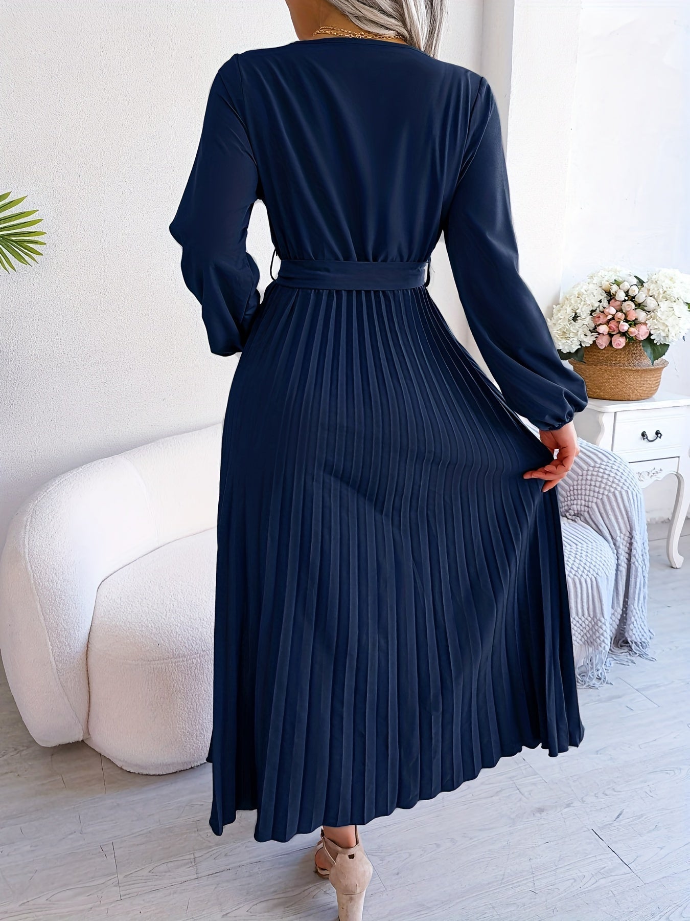 Pleated Surplice Neck Dress, Elegant Long Sleeve Solid Dress, Women's Clothing
