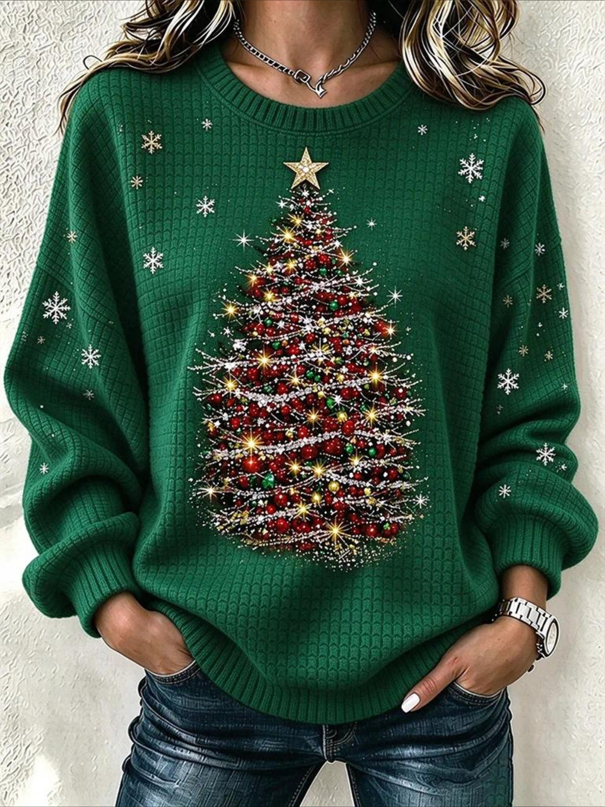 Regular Fit Crew Neck Christmas Tree Casual Sweatshirt
