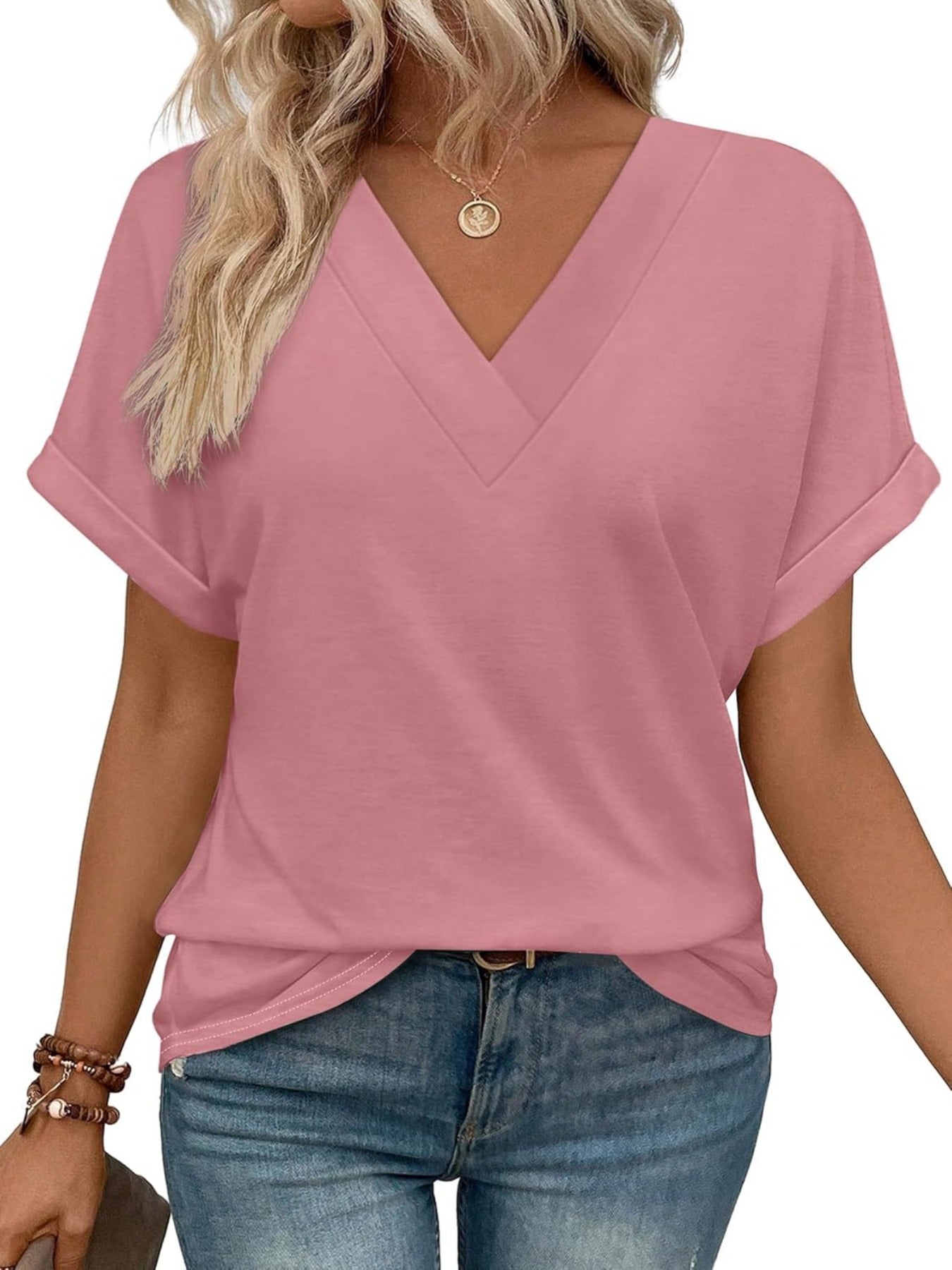 Solid Color V Neck Short Dolman Sleeve Shirts
