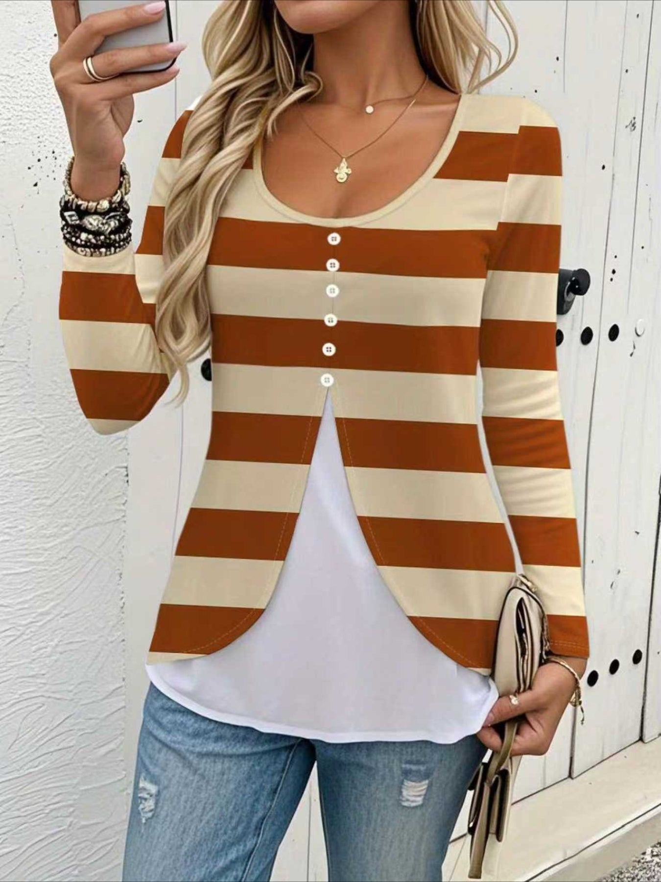 Elegant Striped Long Sleeve Button-Up White Checkered Pattern Round Neck Checkered Pattern T-shirt
