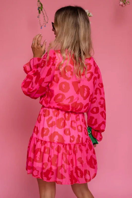Rose Leopard Print Flounce Sleeve Ruffle Mini Dress