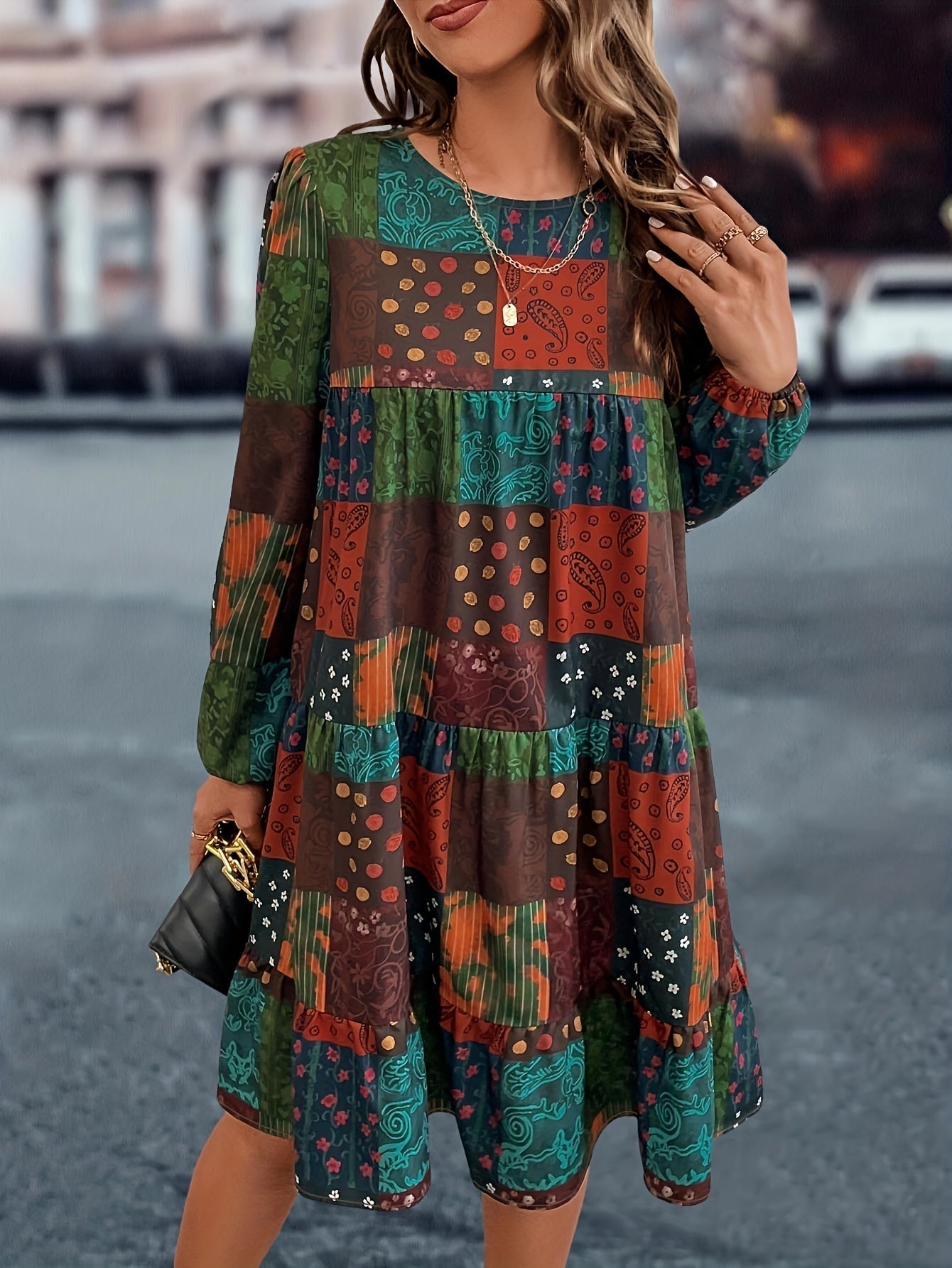 Boho Dress, Women's Patchwork Print Lantern Sleeve Round Neck Loose Fit Mini Dress