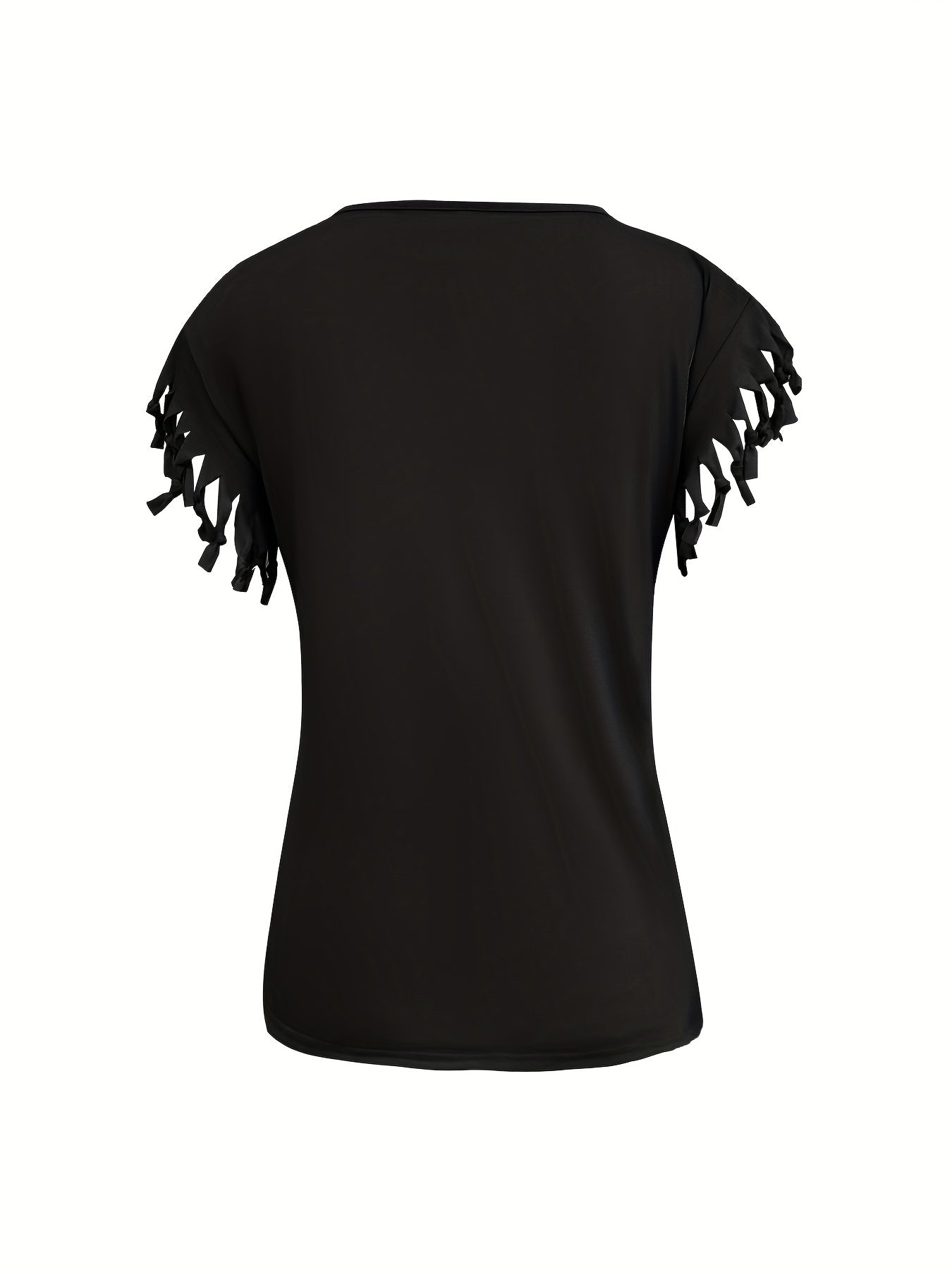 Fringe Hem Solid  T-Shirt, Crew Neck Short Sleeve T-Shirt