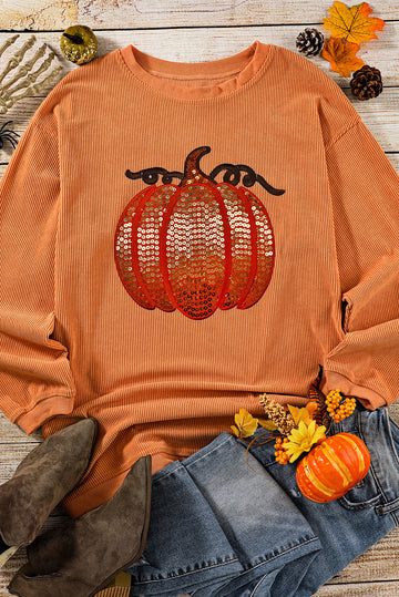 Orange Sequined Pumpkin Ribbed Round Neck Halloween Sweatshirt