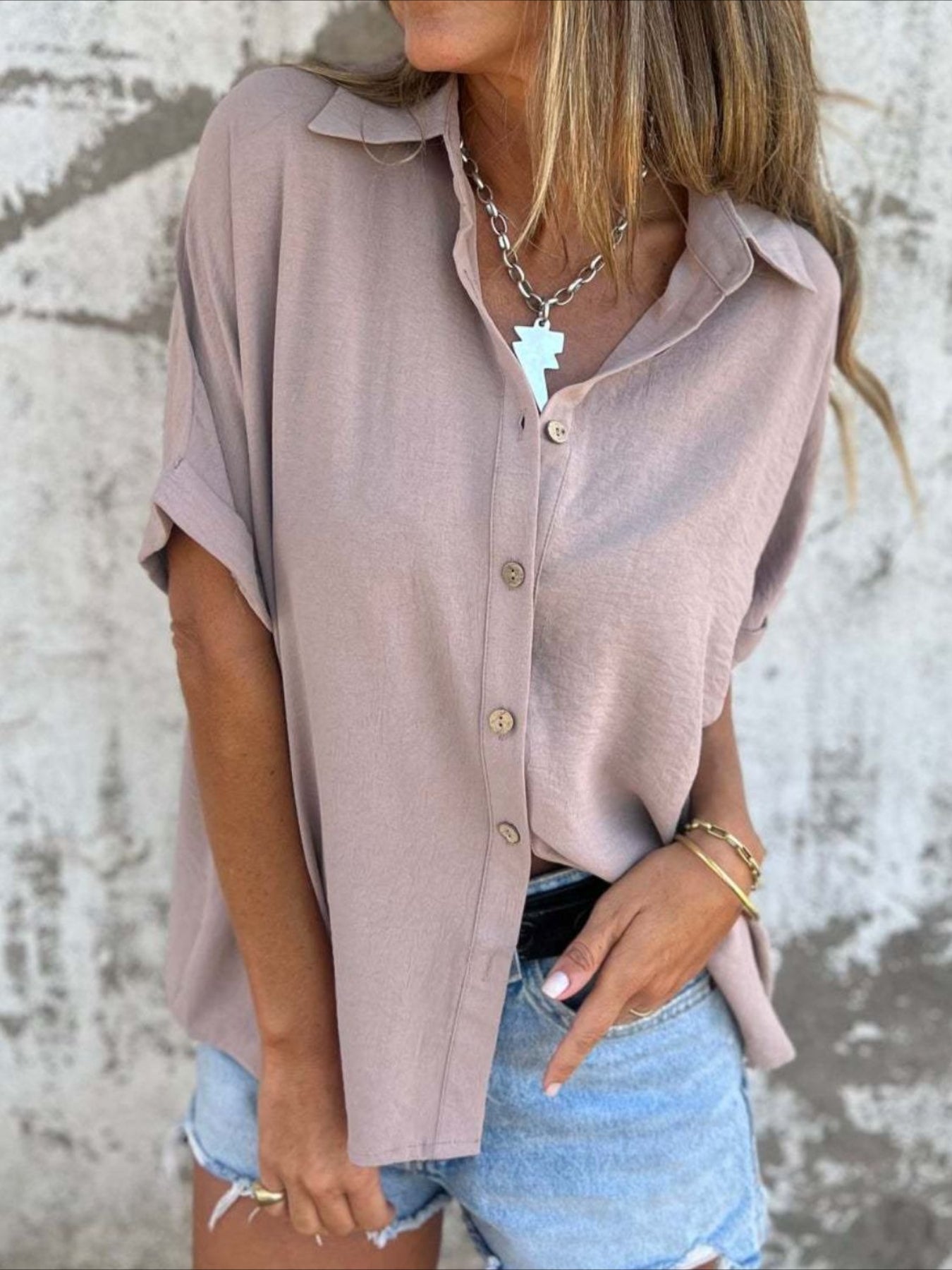 Casual Button Collared Short Sleeve Tunic Tops with Pocket