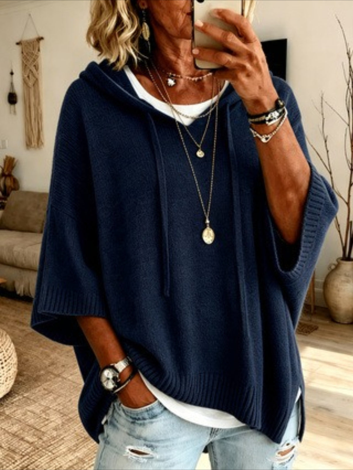 Solid Color Casual Hooded Batwing Sleeve Knit Sweater