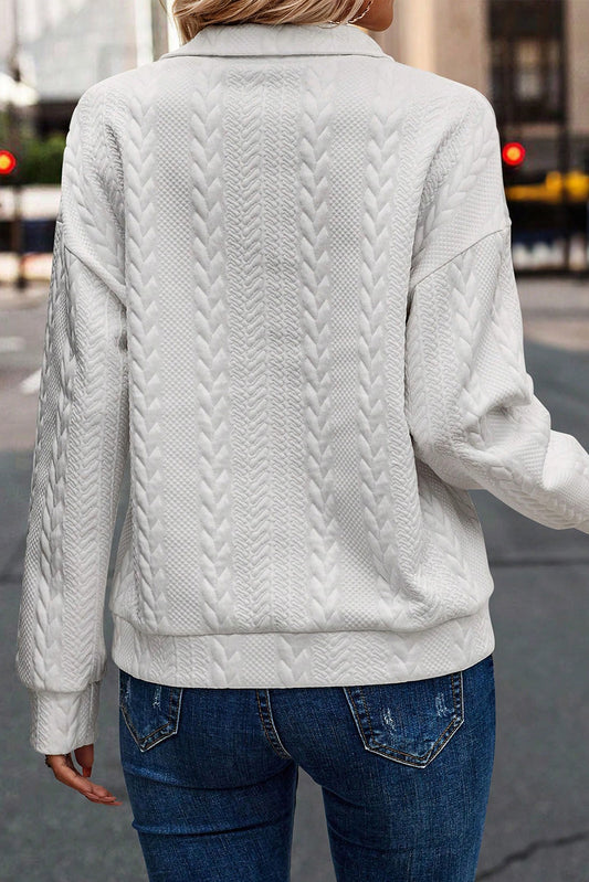 White Zip up Cable Textured Sweatshirt