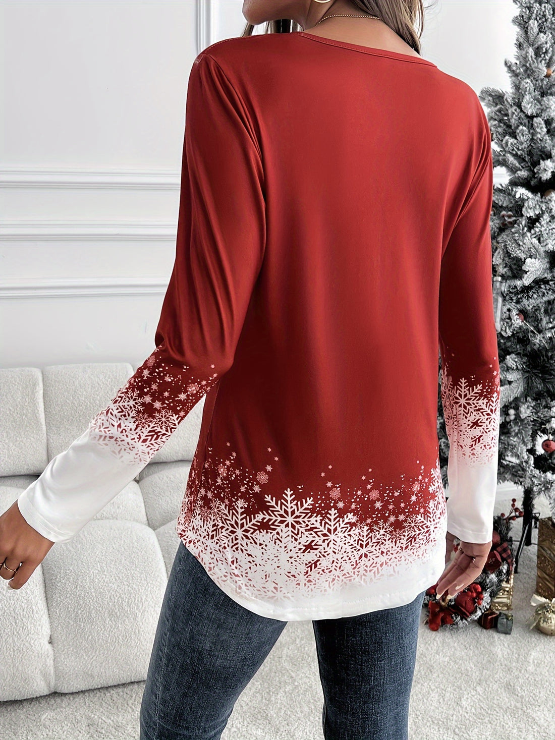 Christmas Graphic Print V Neck T-Shirt, Casual Long Sleeve Top