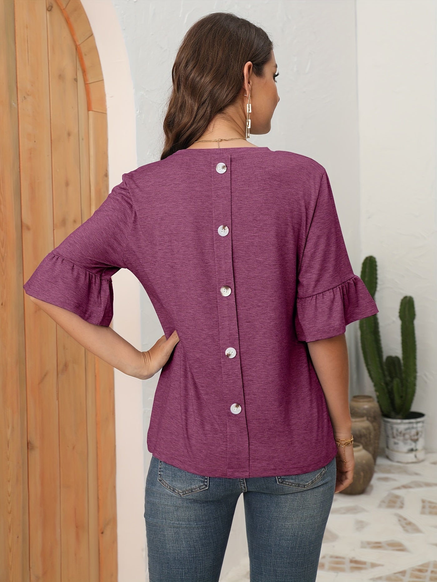 Button Back Solid T-shirt, Casual Crew Neck Half Sleeve T-shirt