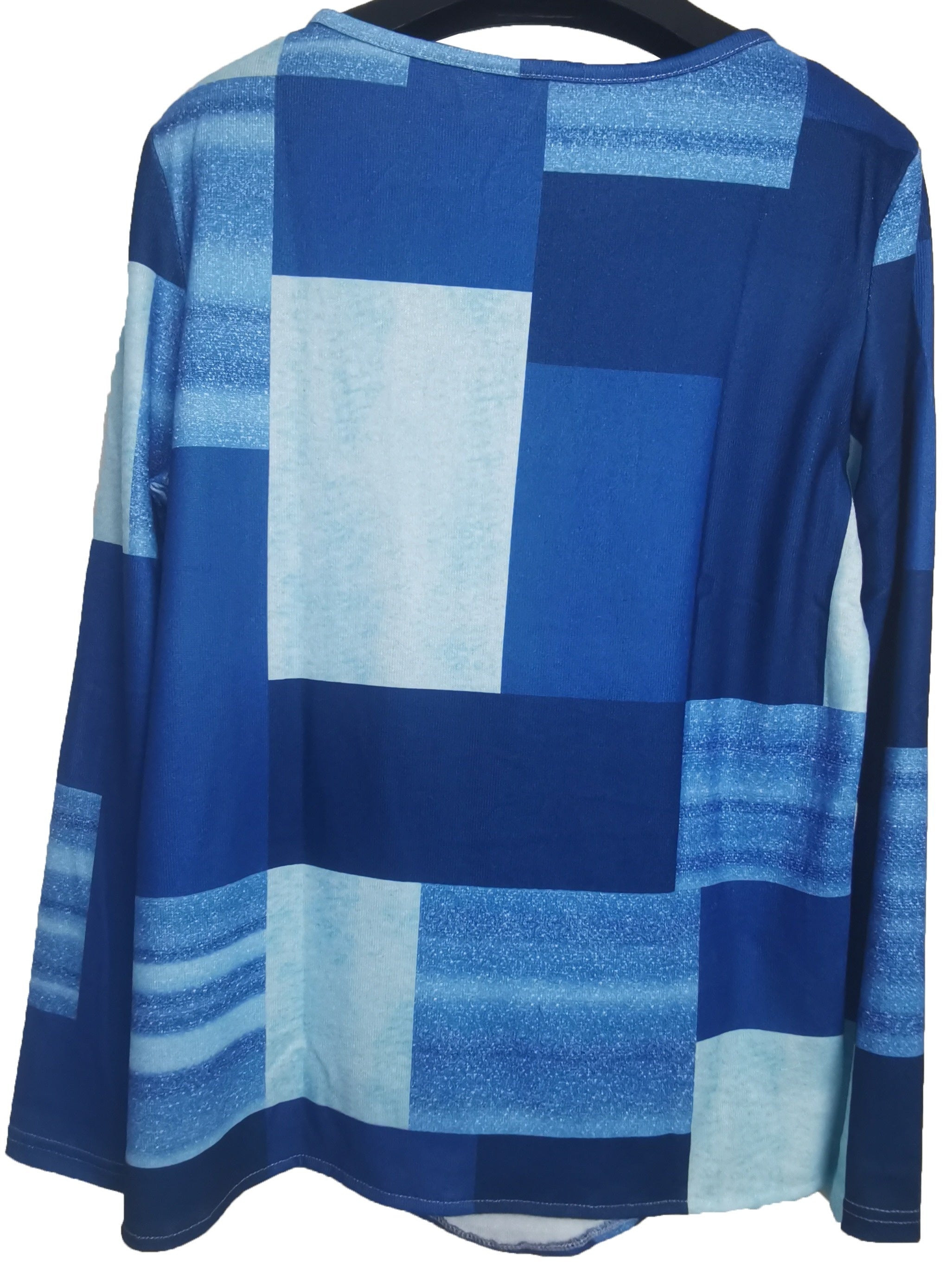 Colorblock Long Sleeve Round Neck Button Decor Asymmetrical Hem Slight Stretch T-shirt
