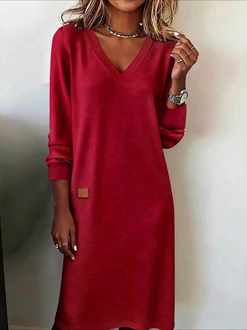 Plain Long Sleeve Spring/Fall Split Joint V Neck Daily Casual T-Shirt A-Line Maxi Dress