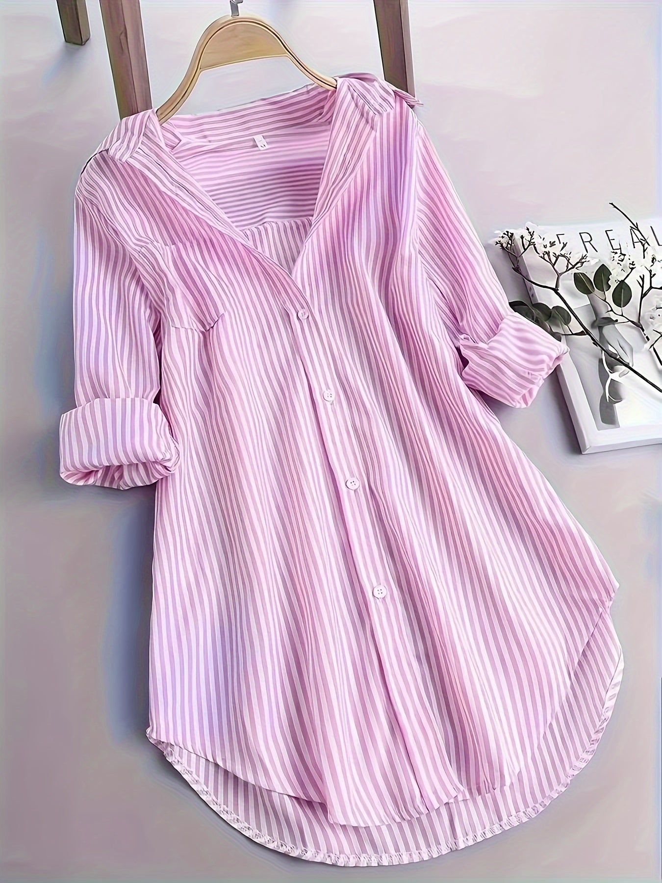 Stripe Print Polo Collar Button Shirt, Casual Long Sleeve Shirt