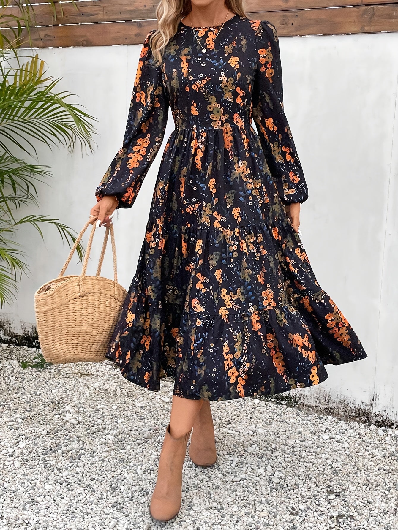 Floral Print A-Line Long Sleeve Dress for Women, Elegant Casual Dress