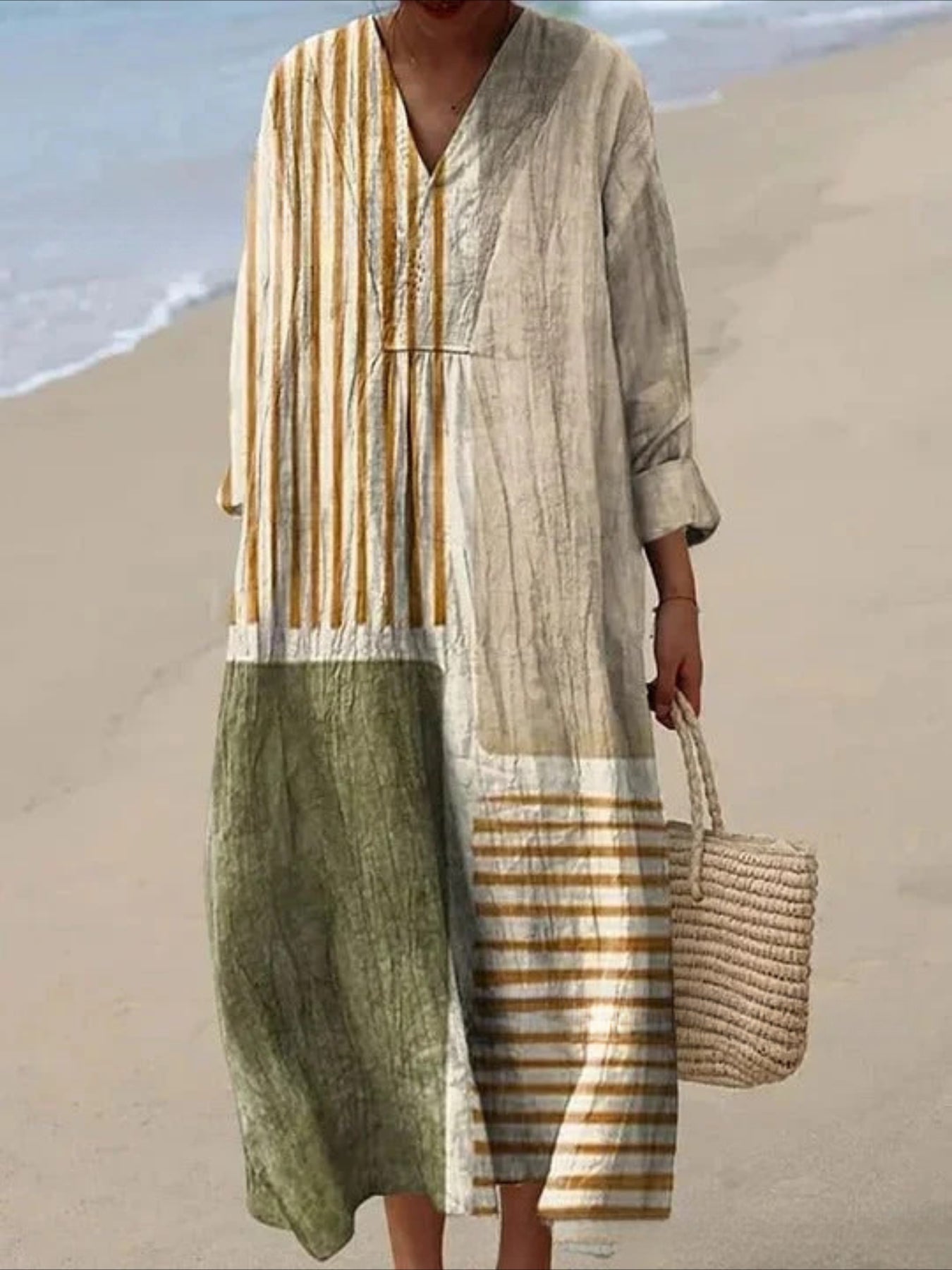 Graphic Geometric Stripe Long Sleeve V Neck Crew Neck Pullover Midi Dress