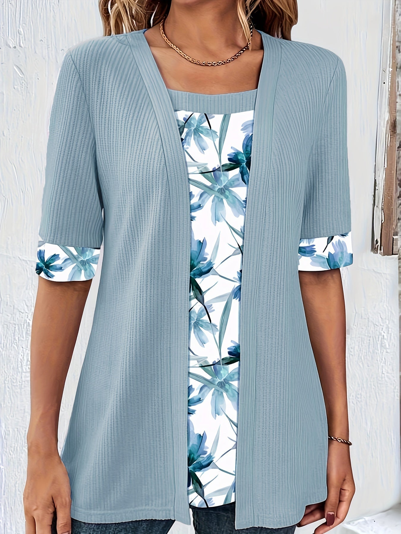 2-in-1 Floral Print T-shirt, Half Sleeve Square Neck Casual Top