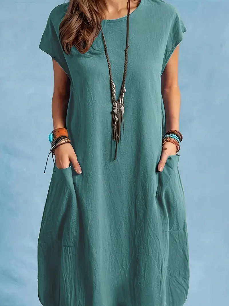 Dual Pockets Crew Neck Dress, Casual Short Sleeve Dress