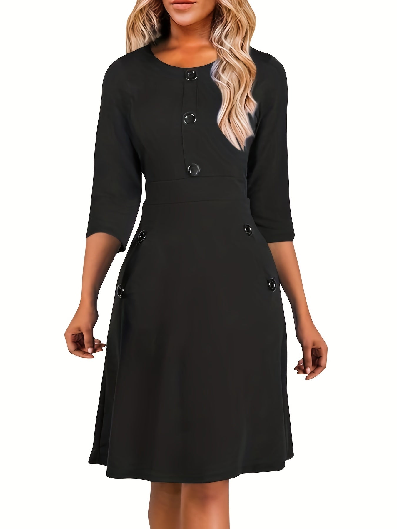 Solid Button Crew Neck Half Sleeve High Waist Dress, Elegant Ruffled Hem Slim Midi Dress