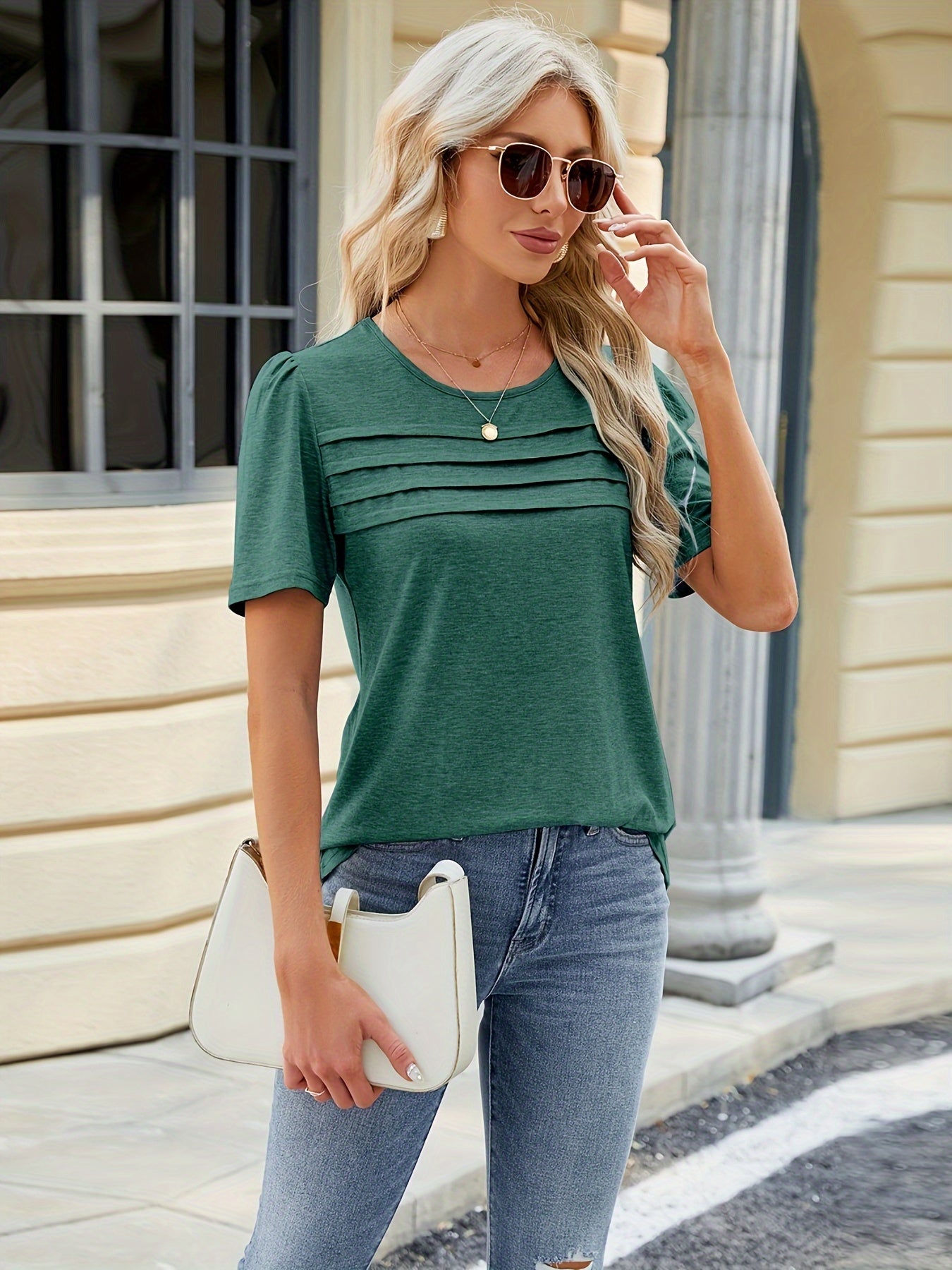 Solid Crew Neck T-shirt, Casual Short Sleeve Ruched Top