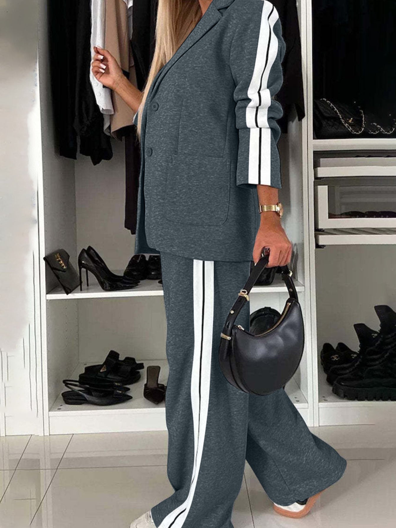 Full Size Contrast Lapel Collar Top and Pants Set
