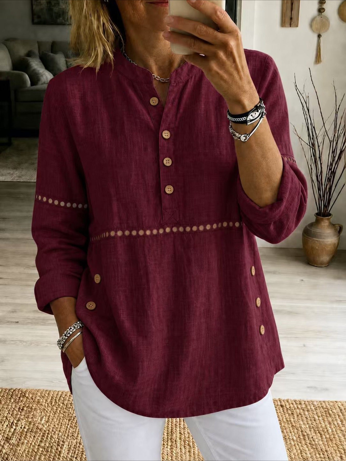 Solid Color Stand Collar Long Sleeve Half-Placket Side Button Cutout Detail Loose Fit Top