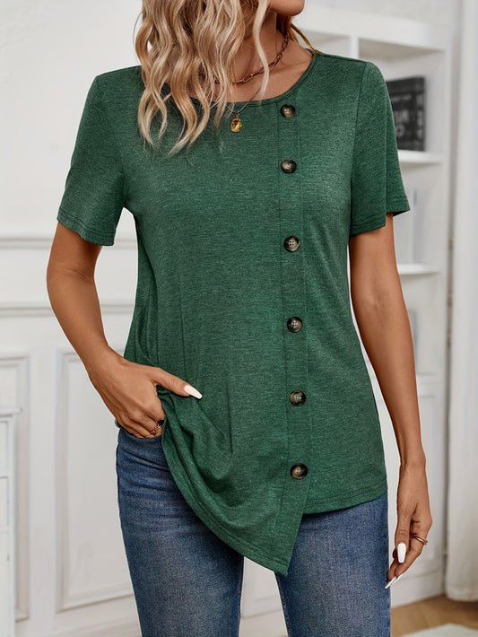 Button Decor Solid T-Shirt, Casual Crew Neck Short Sleeve Top