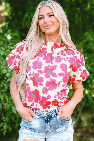 Beige Floral Puff Sleeve Frilled Neckline Blouse