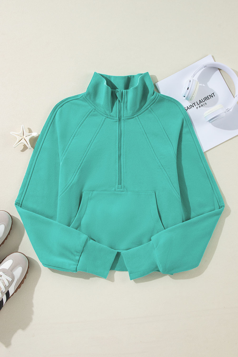 Sea Green Fleece Lined Zip Up Stand Collar Thumbhole Sleeve Sweatshirt