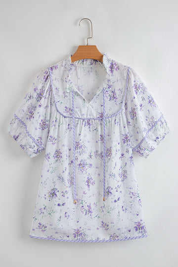 Purple Floral Trimmed Detail Split Neck Plus Size Top