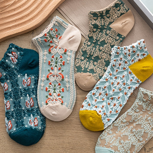 5 Pairs Vintage Court Style Short Socks, Cute Japanese Style Flower Geometric 3D Textured Low Cut Ankle Socks
