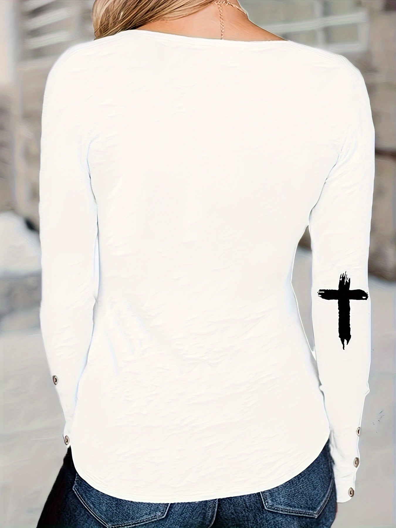 Cross & Letter Print Crew Neck T-Shirt, Casual Long Sleeve Top