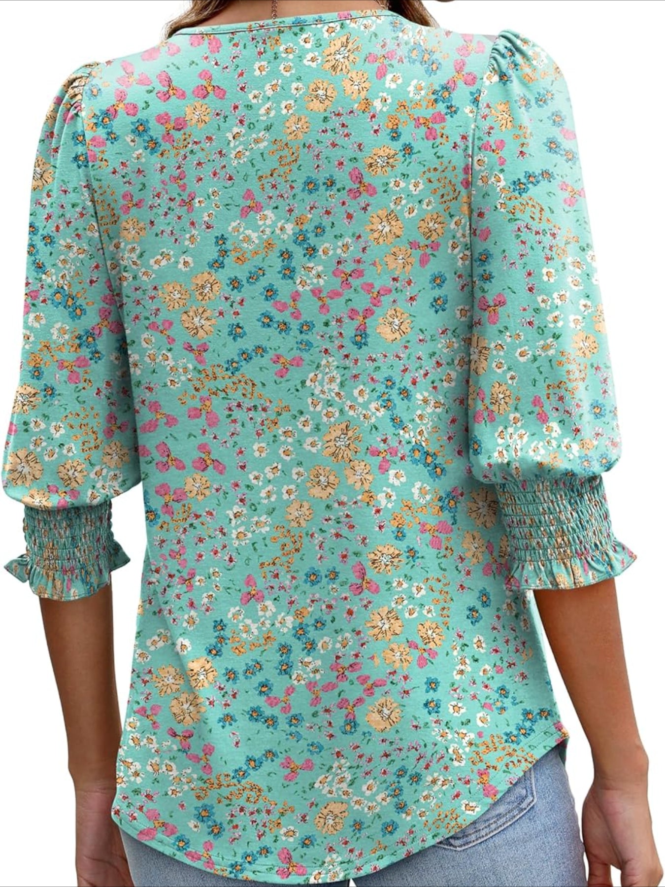 Casual 3/4 Length Sleeve Blouses with Smocked Cuffs