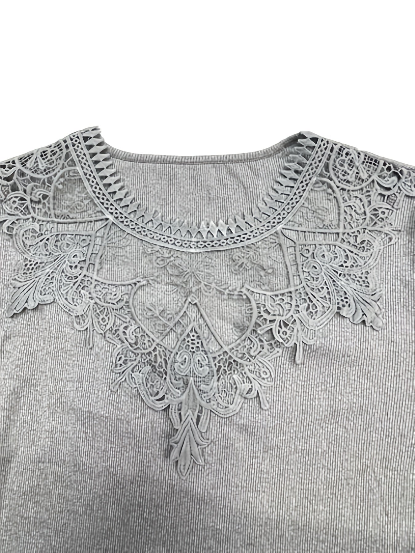 Casual Top, Women's Solid Contrast Lace Bell Sleeve Round Neck Medium Stretch Top