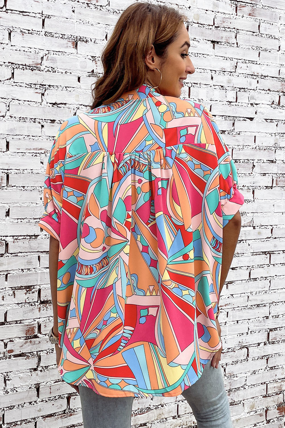 Multicolor Abstract Geometry Print Half Puff Sleeve Loose Shirt