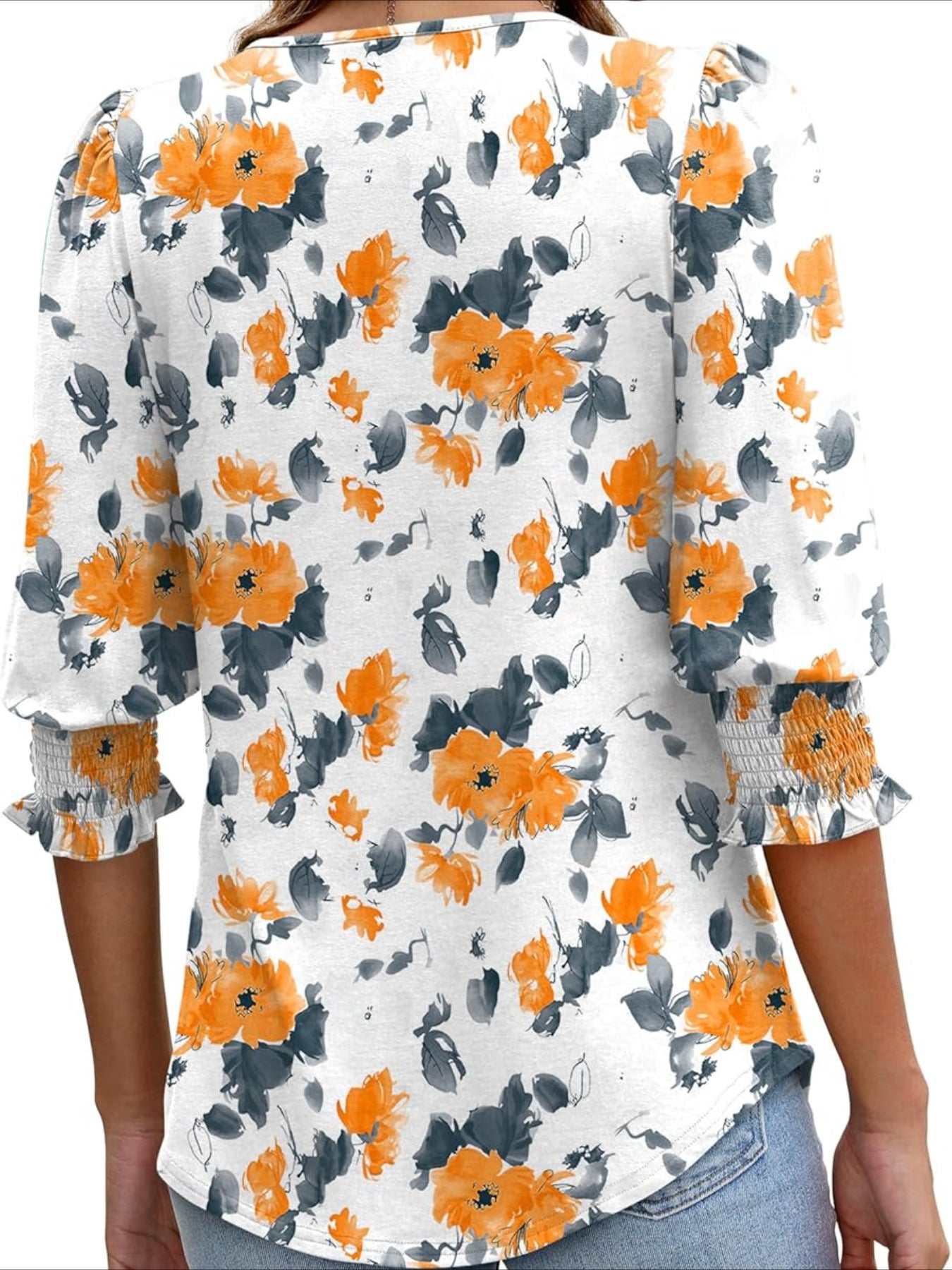 Casual 3/4 Length Sleeve Blouses with Smocked Cuffs