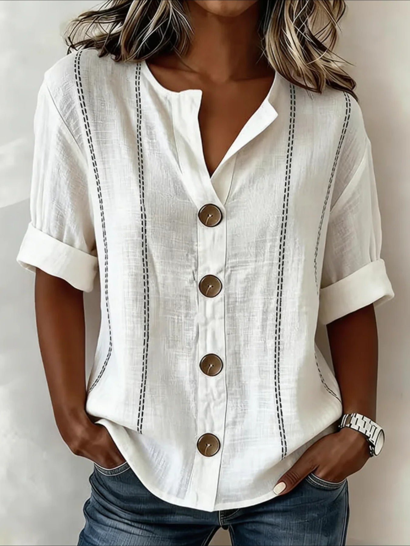 Floral Loose Stand Collar Simple Linen Blend Long Sleeve Shirt