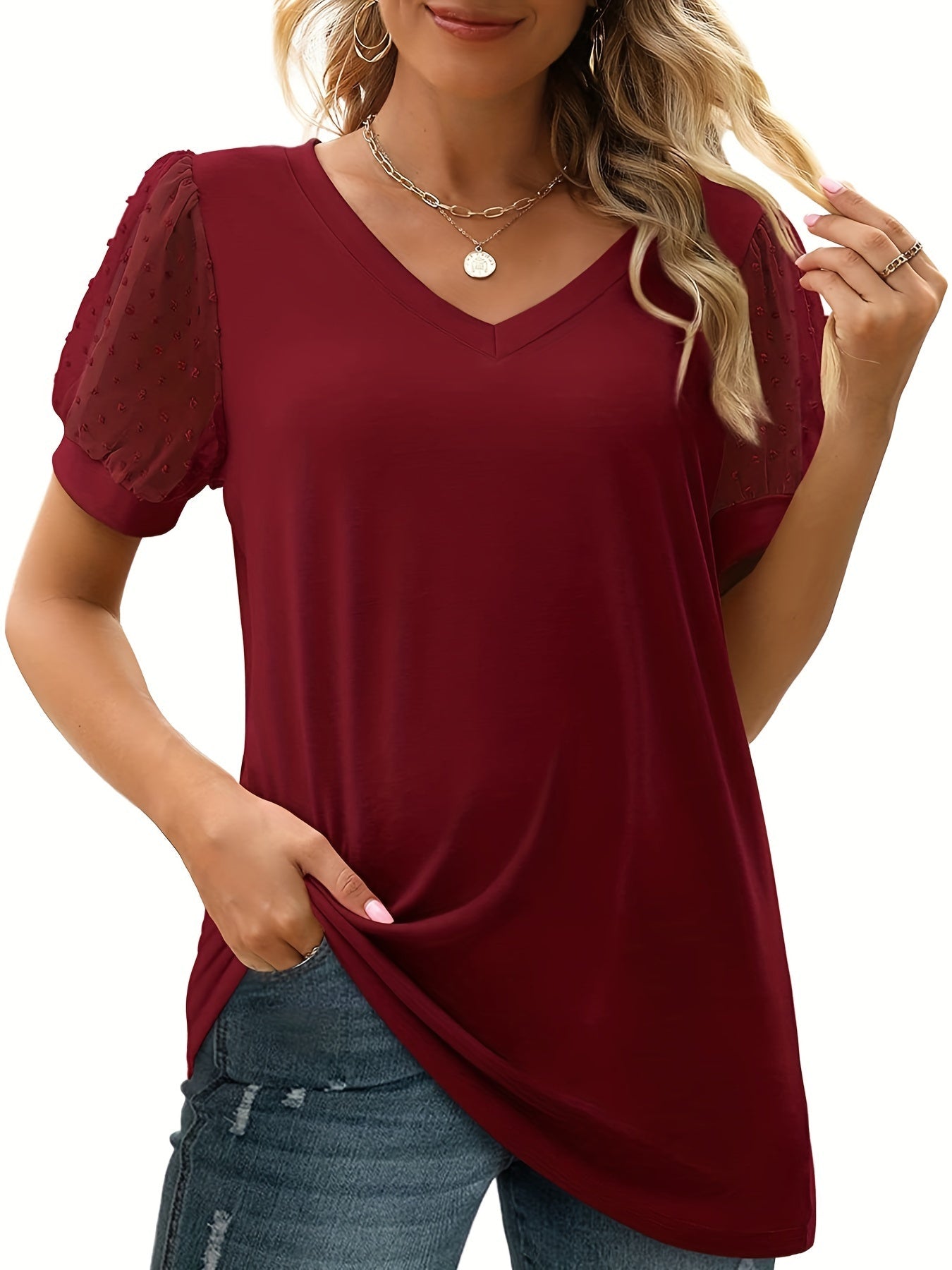Swiss Dot Mesh V Neck T-Shirt, Casual Short Sleeve T-Shirt