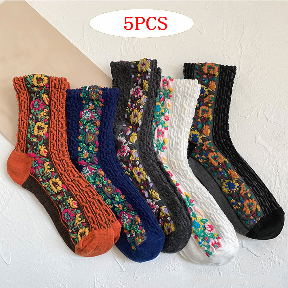 5 Pairs Women's Ethnic Embroidered Mid Socks