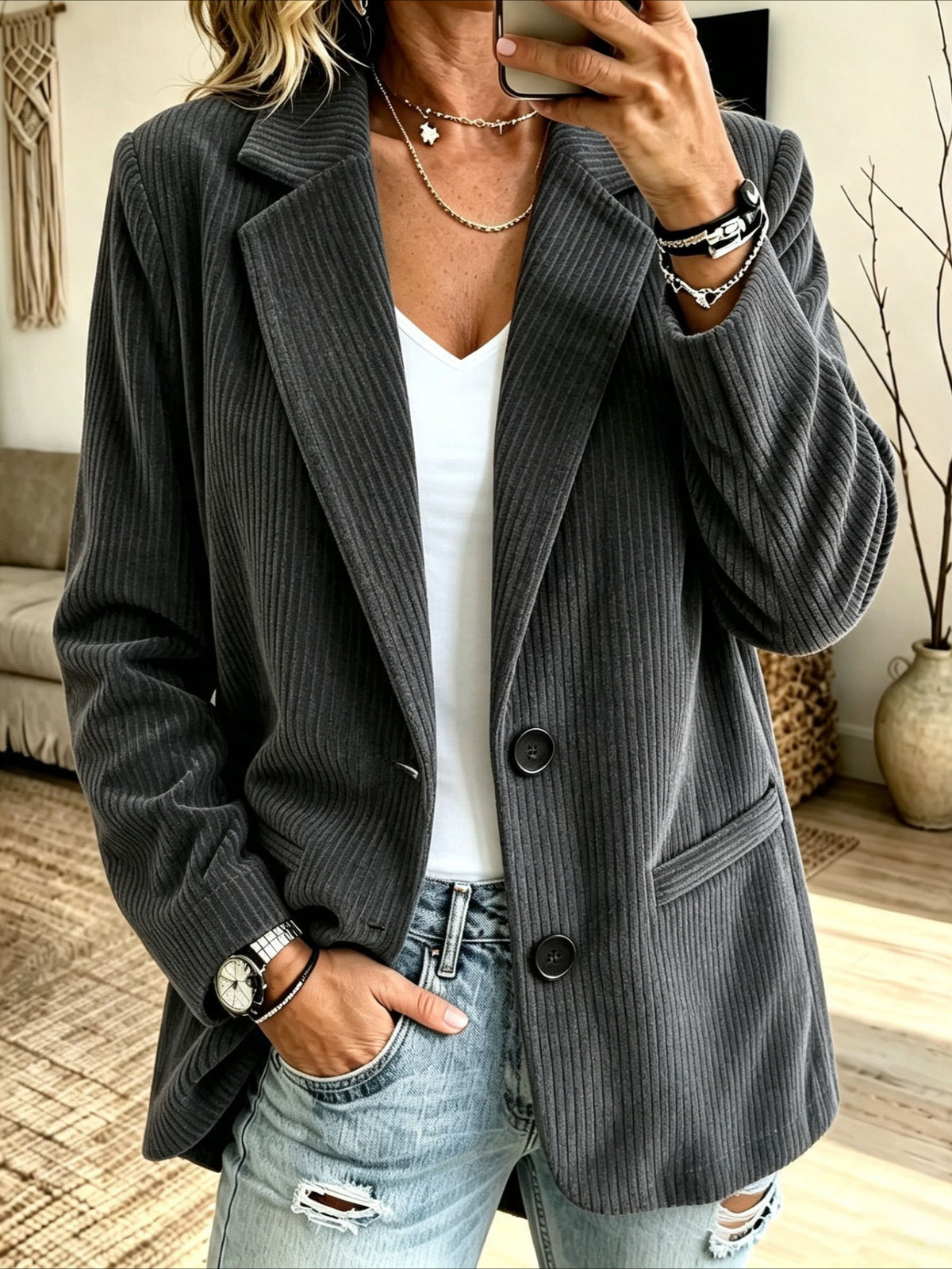 Long Sleeve Solid Color Corduroy Blazer