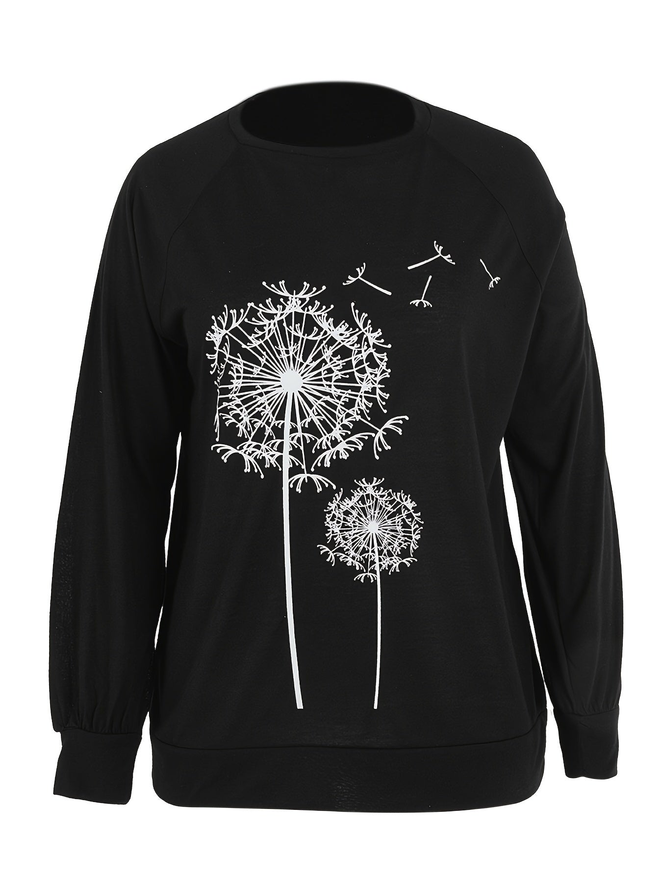 Dandelion Print Crew Neck T-shirt, Casual Loose Long Sleeve T-Shirts Tops