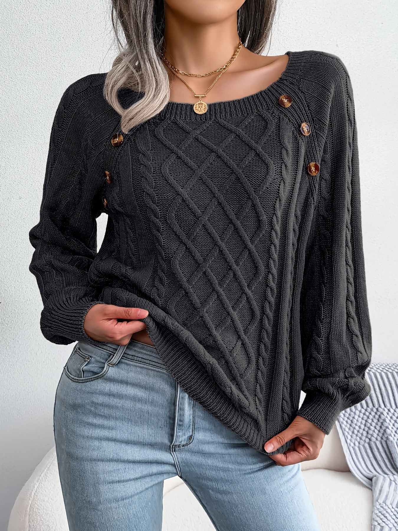 Cozy Women's Sweater with Textured Button Lantern Sleeves