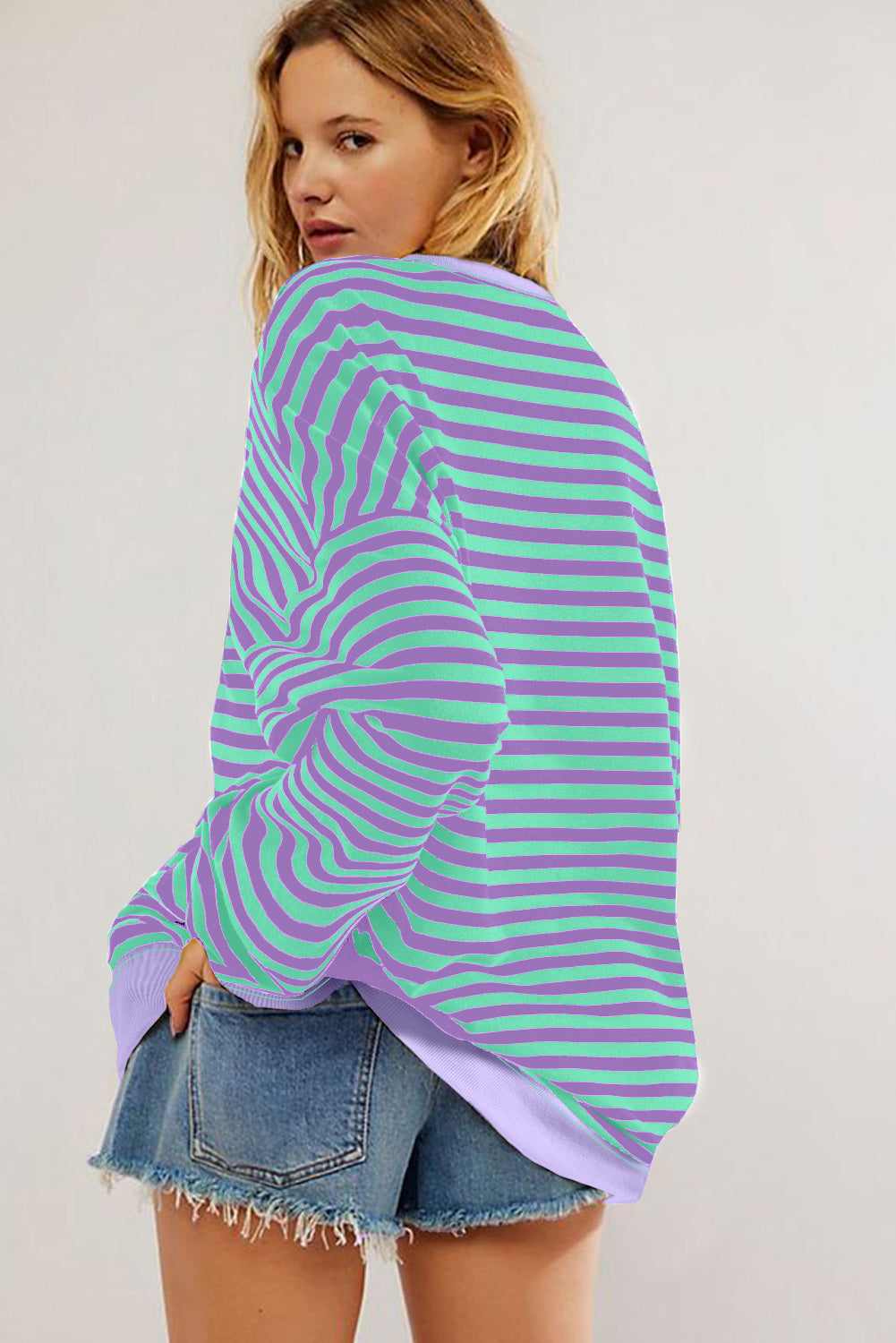 Blue Stripe Contrast Ribbed Trim Crossed Stitch Drop Shoulder Sweatshirt