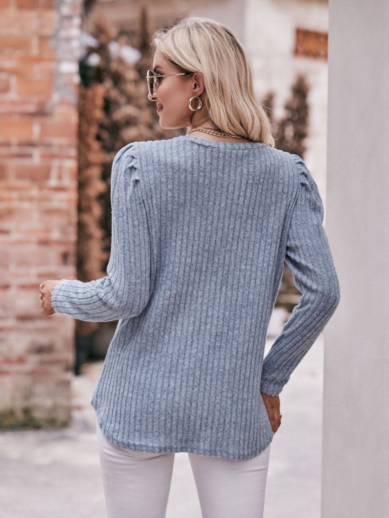 Ribbed Crew Neck T-Shirt, Casual Long Sleeve Top