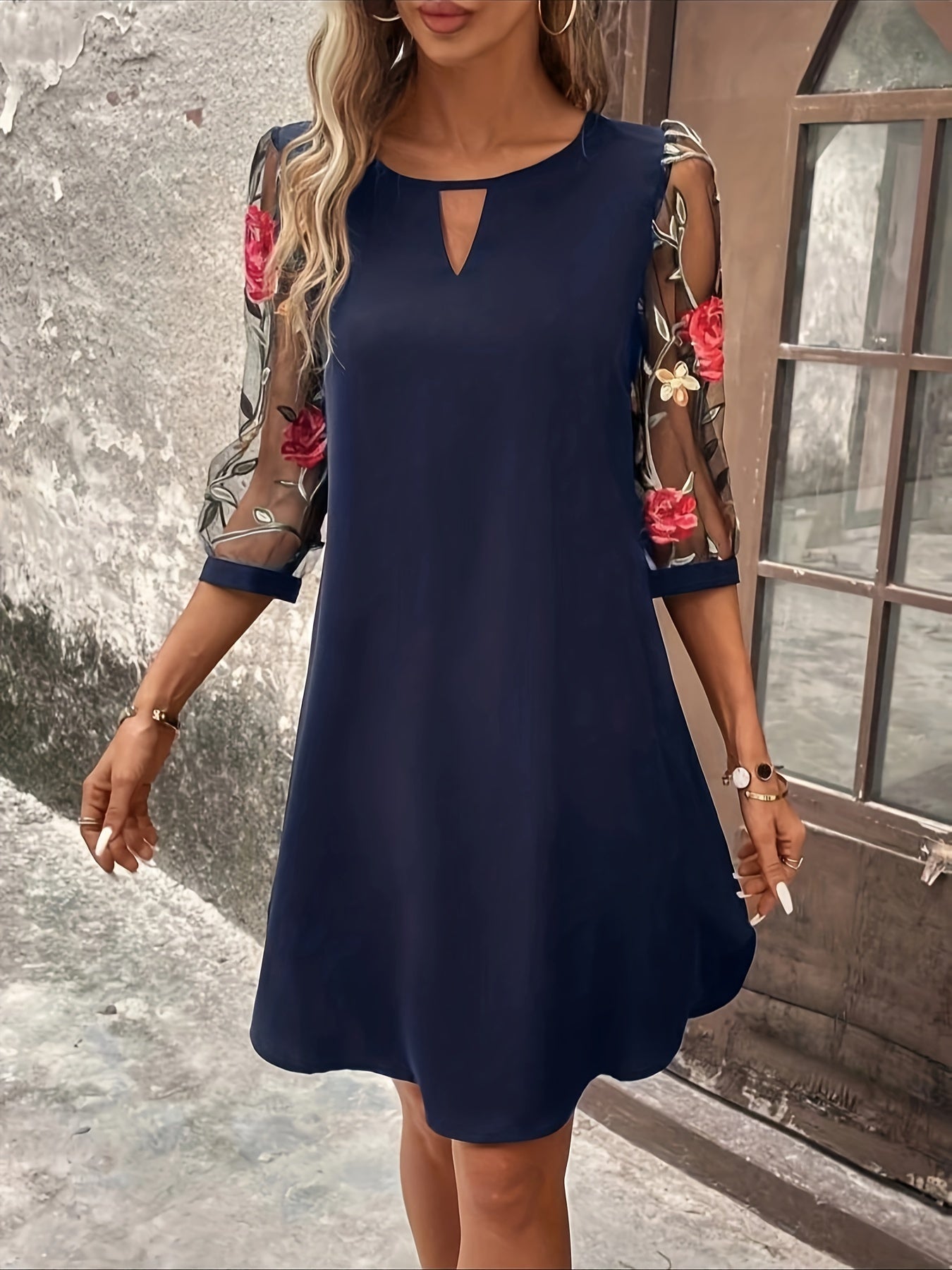 Three-quarter Illusion Sleeve Floral Dress, Casual Keyhole Crew Neck Loose Dress