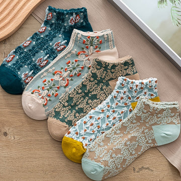 5 Pairs Vintage Court Style Short Socks, Cute Japanese Style Flower Geometric 3D Textured Low Cut Ankle Socks