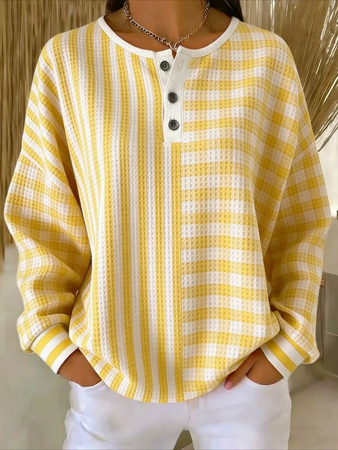 Colorful Ribbed V Neck Braided Print Long Sleeve Regular Sweatshirt