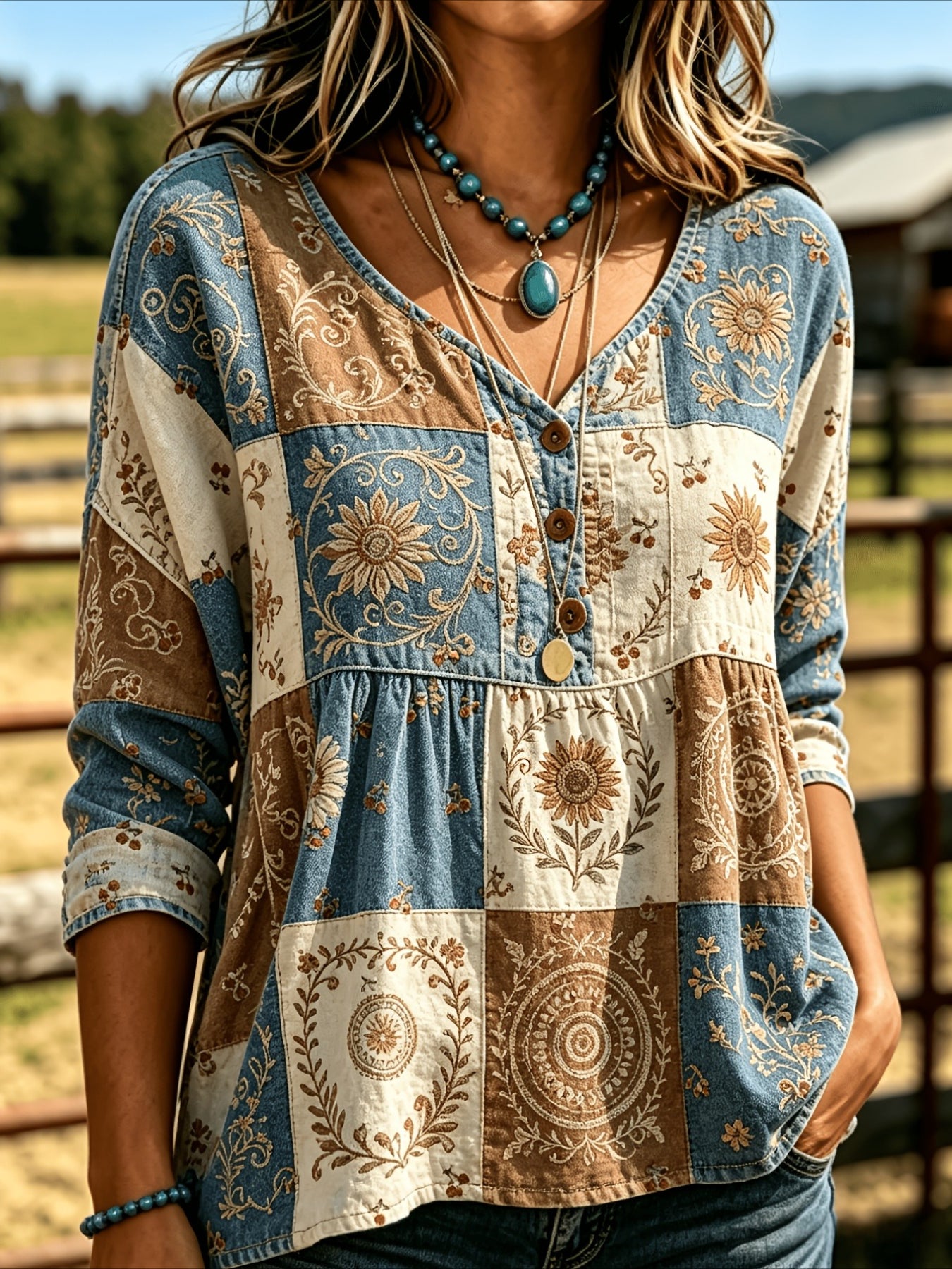 Floral Print 3/4 Sleeve V-Neck Three-Button Front Babydoll Blouse